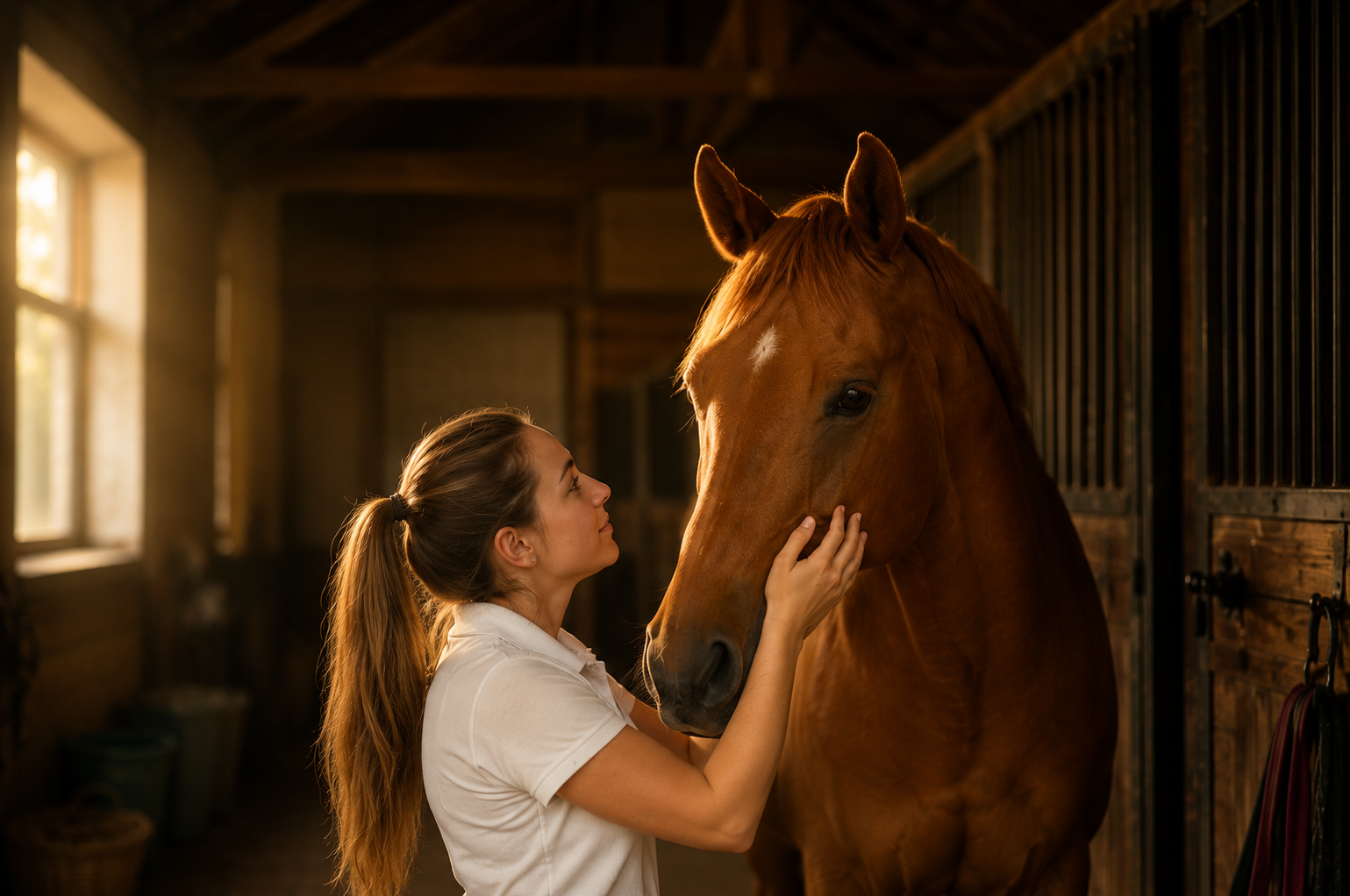 Woman with horse in stable