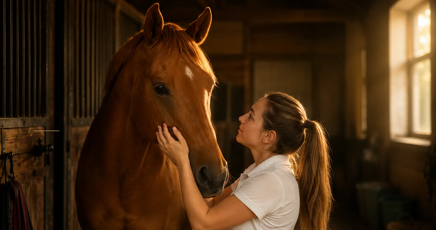 Woman with horse in stable